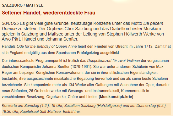 Seltener Händel, wiederentdeckte Frau - erschienen in der Salzburger Internet-Kulturtageszeitung Drhpunkt Kultur